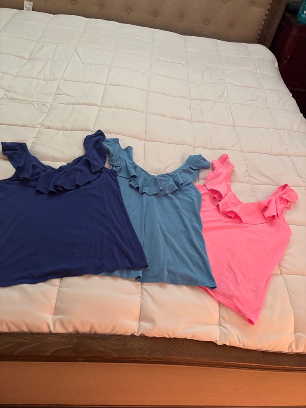 Lilly Pulitzer Ruffle Tank Trio in Navy, Light Blue & Bright Pink XS